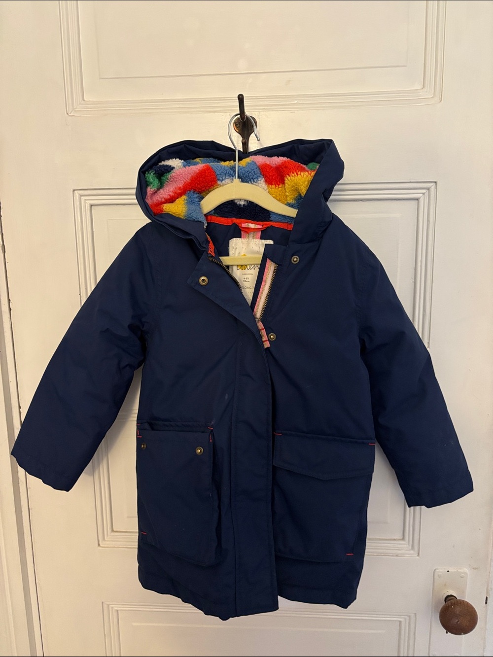 Mini Boden Navy Hooded Puffer with Rainbow Sherpa Hood